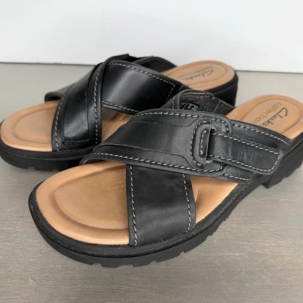 Clarks Black Leather Cross-Strap Slide Sandals Size 8
